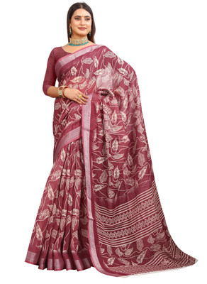 HangerStories Printed Kanjivaram Pure Cotton, Cotton Linen Saree(Maroon)