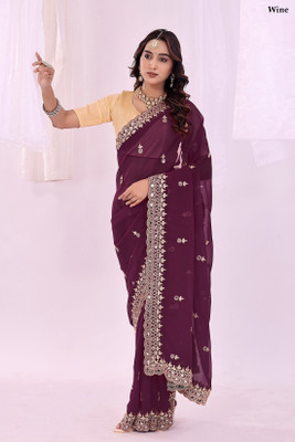 Suali Embroidered Saree with Attached Blouse Georgette Saree(Maroon)