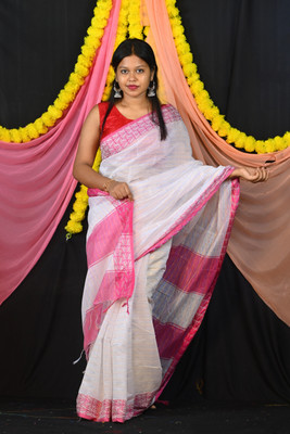 Ahana Textile Solid/Plain Handloom Cotton Blend Saree(White)