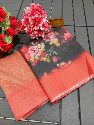 HouseOfCommon Floral Print Chanderi Chanderi, Pure Silk Saree(Black, Red)