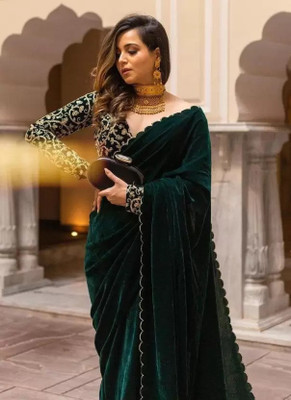 MANSIICREATION Woven Bollywood Velvet Saree(Green)