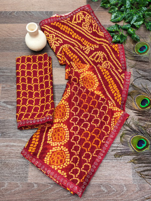 Anand Sarees Printed Saree with Attached Blouse Georgette, Lace Saree(Yellow, Maroon)