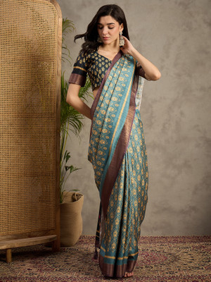 ANOUK Printed Banarasi Silk Blend Saree(Light Blue)