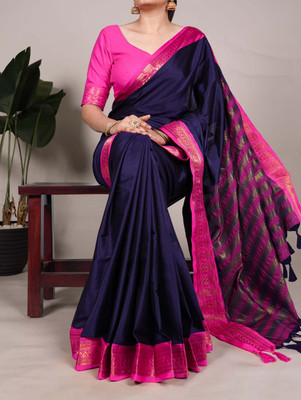 The Style Sanctuary Solid/Plain, Striped, Woven Bollywood Cotton Silk Saree(Yellow)