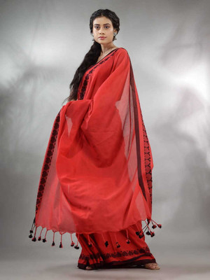 GaurabHandloom Self Design Handloom Cotton Blend Saree(Red)