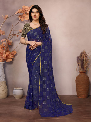 Prutha Fashions Printed Bollywood Georgette, Chiffon Saree(Dark Blue)