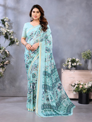 kashvi sarees Floral Print Saree with Attached Blouse Georgette Saree(Light Green)