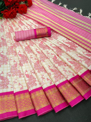 Bansari Textiles Printed Jamdani Silk Blend, Cotton Silk Saree(Pink)