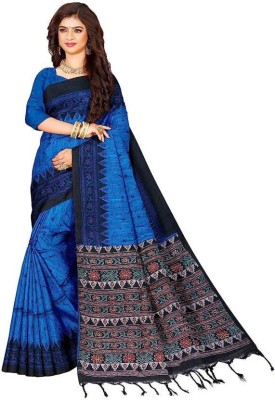 Joyguru Textile Printed Sambalpuri Cotton Blend Saree(Blue)