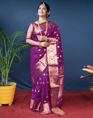 DHRUVIL TEXTILES Self Design Banarasi Cotton Silk, Jacquard Saree(Multicolor)