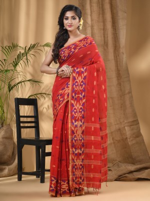 Desh Bidesh Woven, Self Design, Striped Bollywood Pure Cotton, Cotton Silk Saree(Red)