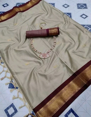 NST5 Woven Paithani Cotton Silk Saree(Cream, Brown)
