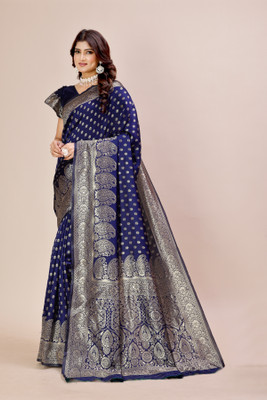 womney Woven, Self Design Banarasi Jacquard Saree(Dark Blue)