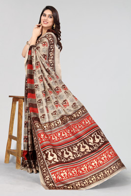 Winza Designer Printed, Self Design Daily Wear Cotton Silk Saree(Brown)