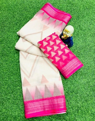 VCREATION Digital Print Bollywood Linen Saree(White)