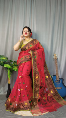 Handloom cotton blend saree Graphic Print Palazzo Saree Cotton Silk Saree(Red)