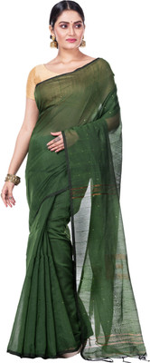DipDiya Self Design Handloom Cotton Linen Saree(Dark Green)