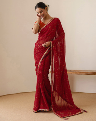 Satrani Printed, Embellished, Embroidered Bandhani Georgette Saree(Red)