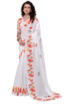 Manubaa Ethenic Wear Floral Print, Printed Chanderi Chanderi, Cotton Silk Saree(White)