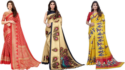 ANIRAV Printed Kalamkari Art Silk Saree(Pack of 3, Red, Gold, Yellow)