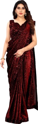 SHRIMAY Floral Print, Self Design, Woven Bollywood Brasso, Net Saree(Maroon)