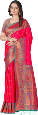 Elite Weaves Woven Paithani Silk Blend Saree(Pink)