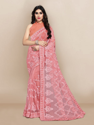 JIVI CLOTHING Solid/Plain, Embroidered Bollywood Net Saree(Pink)