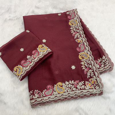 LAJEELEE Embroidered Bollywood Silk Blend Saree(Maroon)