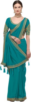 IRIS Embroidered Bollywood Pure Silk Saree(Light Blue)