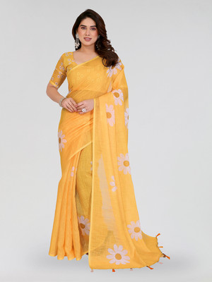 Moda Rapido Floral Print Bollywood Cotton Blend Saree(Yellow)