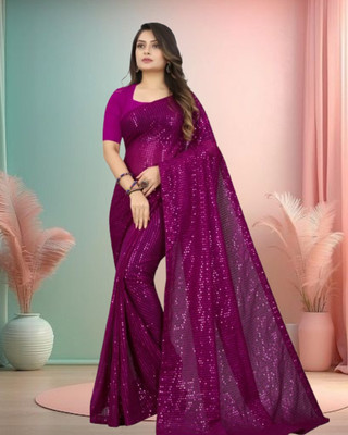 Jayu Digital Print, Dyed, Embroidered, Printed, Self Design, Striped Bollywood Georgette Saree(Magenta)