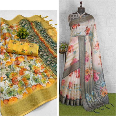 Bhagwati Creation Floral Print Bollywood Silk Blend Saree(Pack of 2, Multicolor)