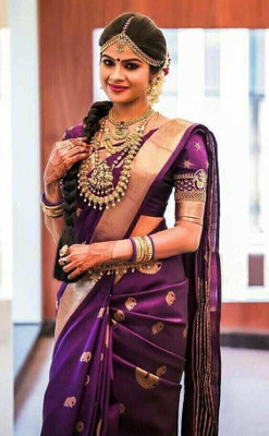 Bansari Textiles Self Design, Dyed, Woven, Temple Border Daily Wear Cotton Linen Saree(Purple)