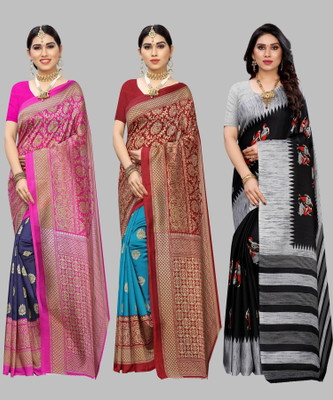 YASHIKA Floral Print, Printed, Self Design Bollywood Art Silk Saree(Pack of 3, Dark Blue)