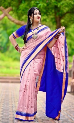 LYANNA Temple Border, Solid/Plain Sambalpuri Handloom Art Silk Saree(Pink)