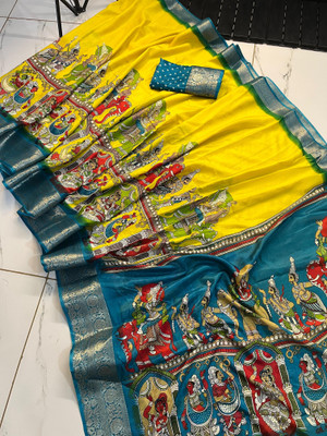 sadika Woven Mekhela Chador Silk Blend Saree(Yellow, Light Blue)