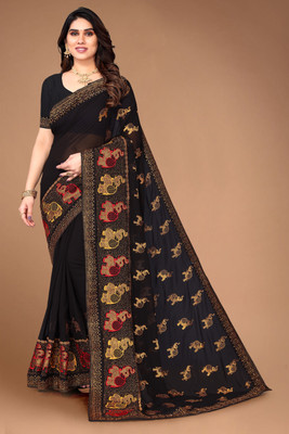 Crystallfashion Self Design Bollywood Georgette Saree(Black)