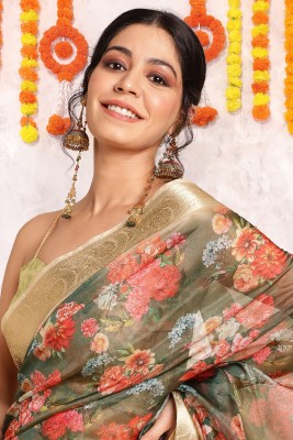 MIRCHI FASHION Printed, Floral Print Bollywood Organza Saree(Dark Green, Cream, Multicolor)