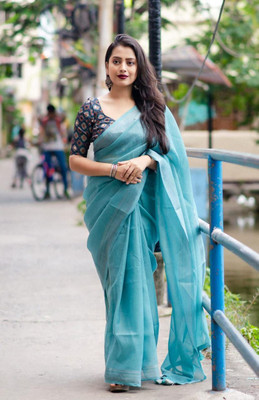 PeachPetals Solid/Plain Daily Wear Linen Saree(Blue)