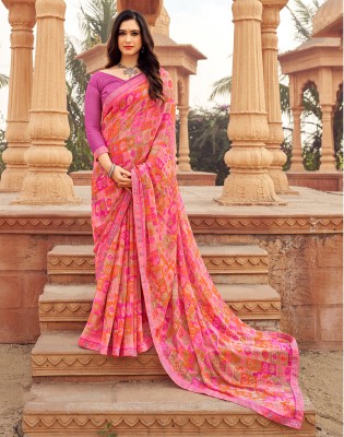 Satrani Geometric Print, Printed, Embellished Bollywood Chiffon, Lace Saree(Pack of 2, Pink, Orange)