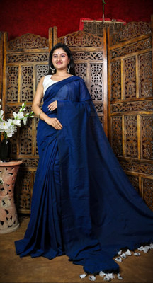 JKH J KUNDU HOUSE Solid/Plain Handloom Cotton Blend Saree(Blue)