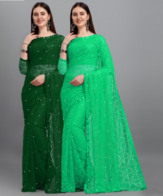 LOROFY Self Design Bollywood Net Saree(Pack of 2, Green, Light Green)