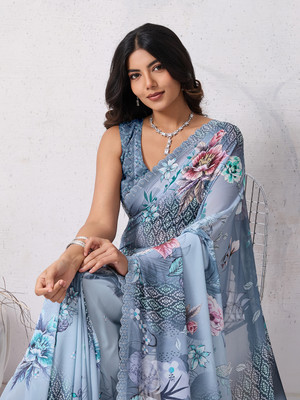 Tasrika Embellished, Floral Print Bollywood Georgette Saree(Blue)