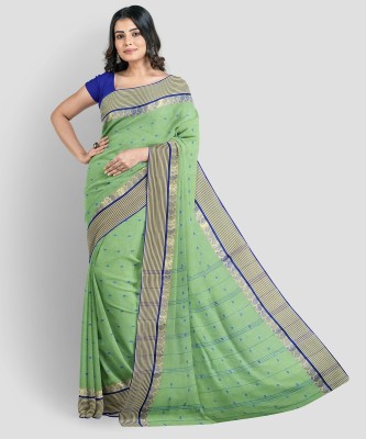 eC ESHA'S COLLECTION Woven Tant Pure Cotton Saree(Light Green, Blue)