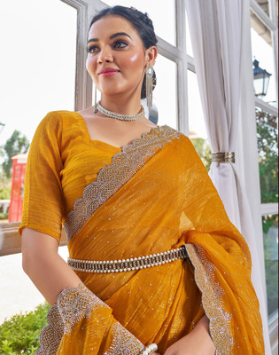 Satrani Embellished, Self Design Bollywood Chiffon Saree(Yellow)
