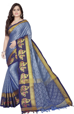 RUHKRUSH Floral Print, Embellished, Woven Manipuri Jacquard, Cotton Silk Saree(Light Blue, Blue)