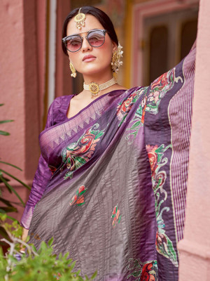 Sareemall Printed Chinnalapattu Silk Blend Saree(Purple)