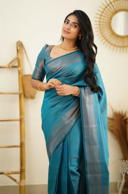 Visit Wear Solid/Plain Kanjivaram Art Silk Saree(Blue)