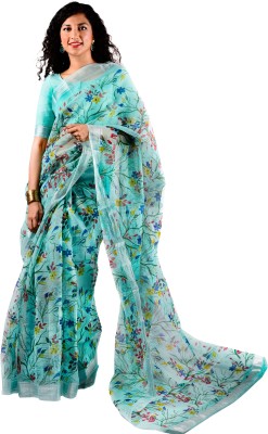 sarvagya Printed Kota Doria Cotton Blend Saree(Light Blue)