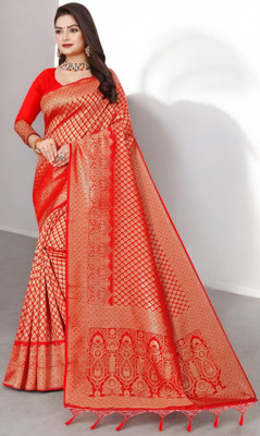 Pikham Self Design Banarasi Art Silk Saree(Red)